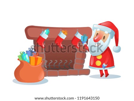 Santa Claus with big sack of gifts near fireplace with xmas stockings. Colorful flat vector illustration. Isolated on white background.