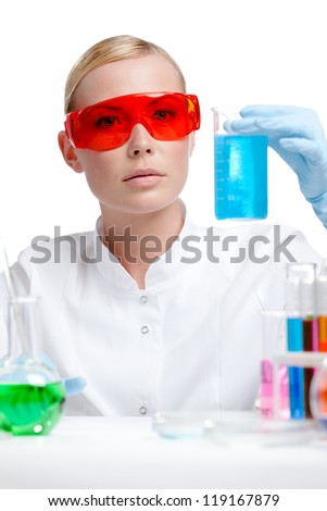 Doctor in spectacles does some experiments, isolated on white