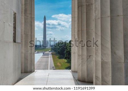 Washington Monument  view from Lincoln Memorial columns in Washington DC