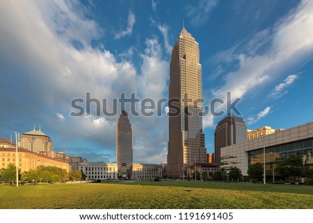 Cleveland skyline. Views on Cleveland Downtown in summertime at sunset, Cleveland, OH.