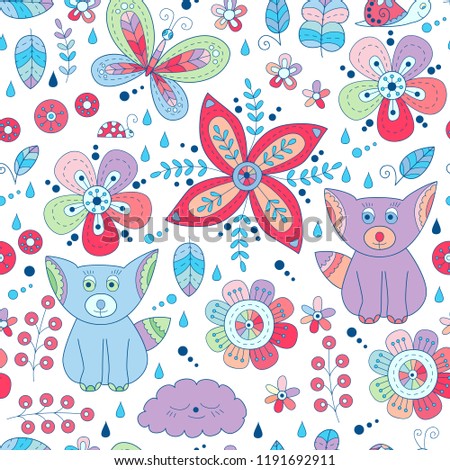 Forest floral seamless pattern with foxes, snail, butterfly.