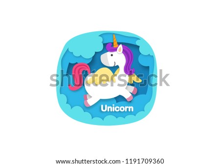 Alphabet Letter U-unicorn,paper cut concept vector illustration