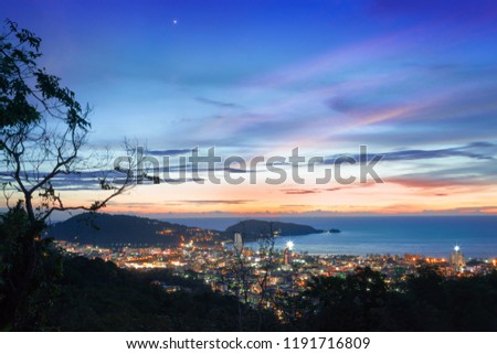 After sunset at patong bay city with colorful twilight sky 
city night light and venus on the west,September 23,2018.
Venus on autumnal equinox day .