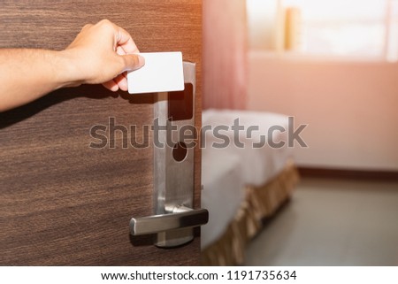 Smart card door key lock system in hotel. Automatic door open. 