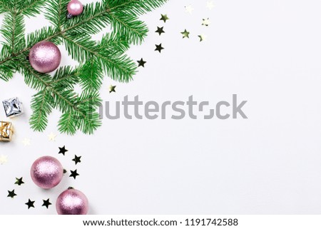Christmas tree with pink decorations border, copy space