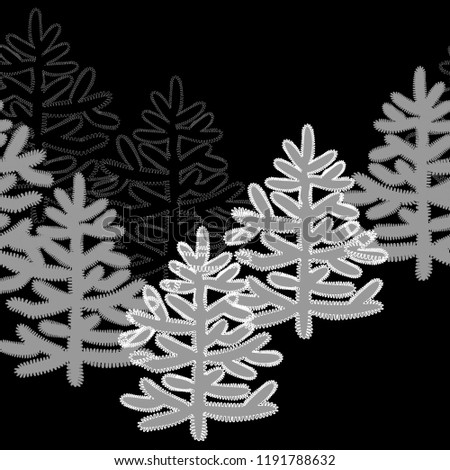 Monochrome horizontal seamless pattern with Christmas trees on black background. For New Year design, Christmas greeting card mockup, clip art, wrapping paper, textile.