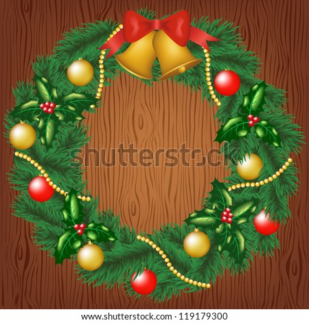 Christmas card with garland on wood background