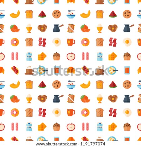 Breakfast healthy food meal icons seamless pattern background drinks flat design bread egg lunch healthy meat menu restaurant vector illustration.