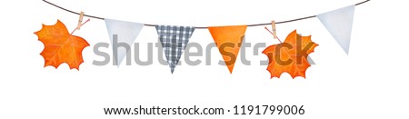 Autumn season festive decorative bunting with colorful maple leaves, wooden peg clips and various pennants. Hand drawn water color painting on white, cut out clip art element. Holiday, party decor.