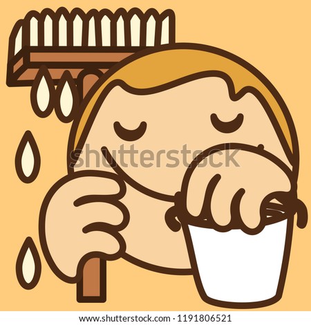 emoji with upholsterer that finished paperhanging wallpaper with paste, paperhanger holding a bucket with glue and a roller, happy smiling decorator at work, simple colored emoticon, vector pictogram