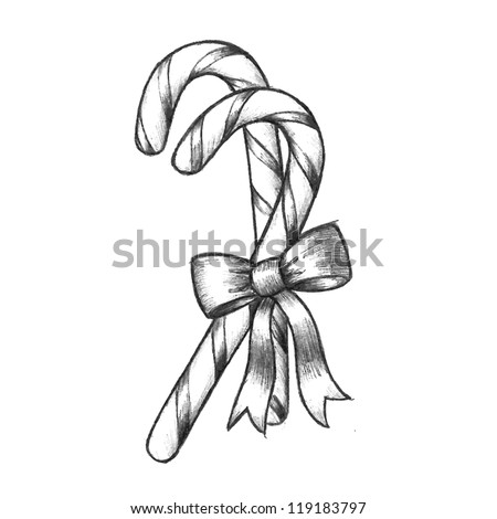 vector clip art of sweet Christmas candy canes with stripes and a cute bow in a black and white ink hand drawn sketch.