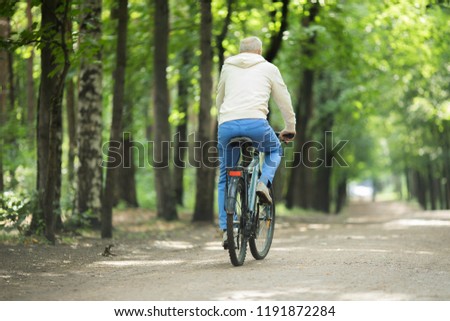 Rear view of active senior man riding bicycle along forest road on summer day