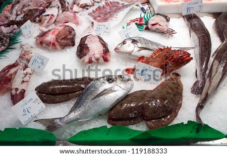 Color DSLR picture of multiple species of fish on ice for sale at a fish monger