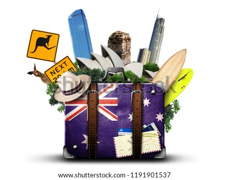 Australia, retro suitcase with hat and attractions Australia