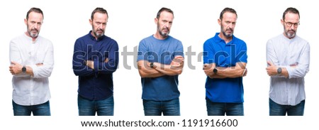 Collage of handsome senior hoary elegant business man standing over isolated background skeptic and nervous, disapproving expression on face with crossed arms. Negative person. Royalty-Free Stock Photo #1191916600