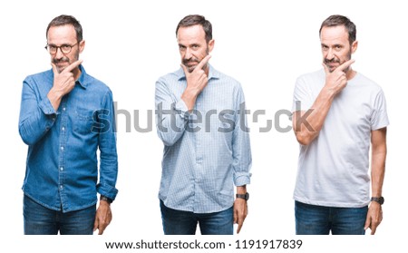 Collage of handsome senior hoary man standing over isolated background looking confident at the camera with smile with crossed arms and hand raised on chin. Thinking positive.
