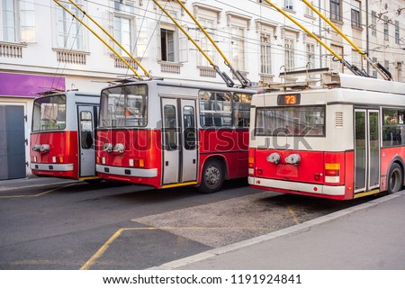 Three old articulated trolleybuses in the center of Budapest, Hungary Royalty-Free Stock Photo #1191924841