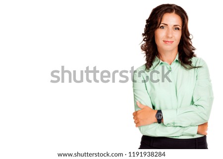 Portrait of beautiful, attractive businesswoman isolated on abstract blurred white background with copy space. Natural beauty adult female with dark brunette hair. Business, career and success concept