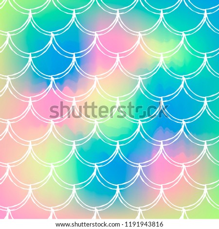 Mermaid tail on trendy gradient background. Square backdrop with mermaid tail ornament. Bright color transitions. Fish scale banner and invitation. Underwater and sea pattern. Rainbow colors.