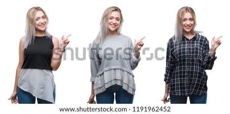 Collage of beautiful blonde young woman over isolated background with a big smile on face, pointing with hand and finger to the side looking at the camera.
