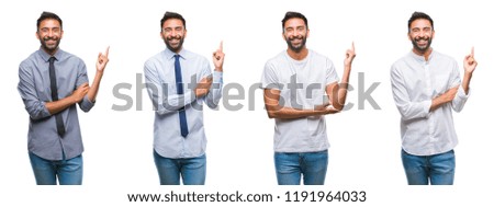Collage of young man wearing casual look over white isolated backgroud with a big smile on face, pointing with hand and finger to the side looking at the camera.