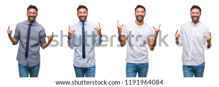 Collage of young man wearing casual look over white isolated backgroud shouting with crazy expression doing rock symbol with hands up. Music star. Heavy concept.