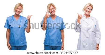 Collage of beautiful middle age blonde doctor woman white isolated backgroud doing happy thumbs up gesture with hand. Approving expression looking at the camera with showing success.
