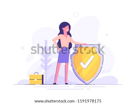Woman is holding a shield covering from attacks. Protection, insurance,  from business  dangers concept. Modern vector illustration. Royalty-Free Stock Photo #1191978175