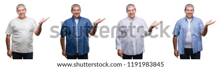 Collage of senior hoary man over white isolated backgroud smiling cheerful presenting and pointing with palm of hand looking at the camera.