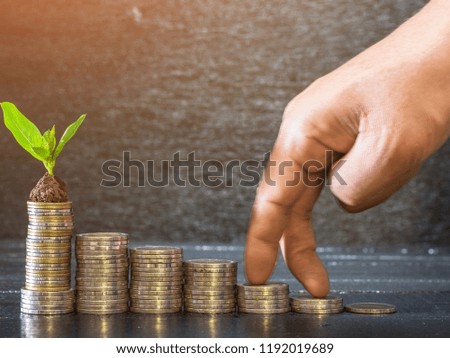 Plant growing and hand walking on coins stack,investment and financial concept