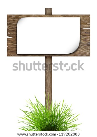 Road sign with sheet of paper in green grass isolated on a white background