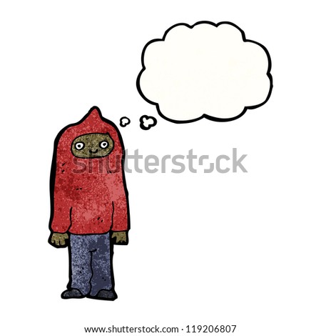 cartoon boy in hooded sweatshirt with thought bubble