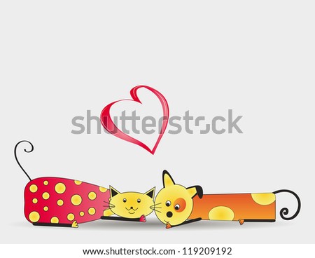 Cute and colorful cat and dog with heart