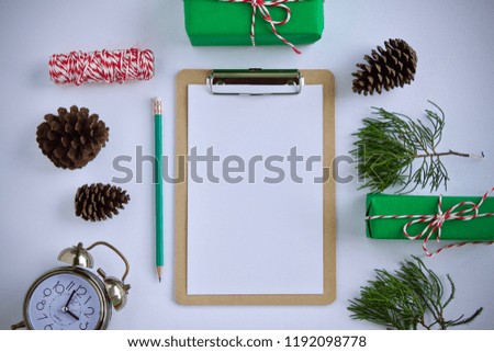 Christmas gift card box holiday winter flat lay background 