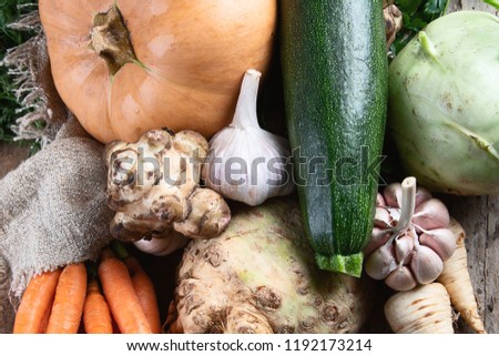 Organic vegetables on wooden table. Bio healthy food concept