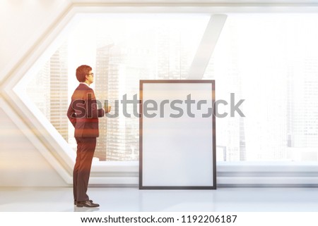 Futuristic empty white room with lighted ceiling and hexagonal shaped window. Vertical mock up poster frame. Concept of creativity in architecture and hi tech. Toned image