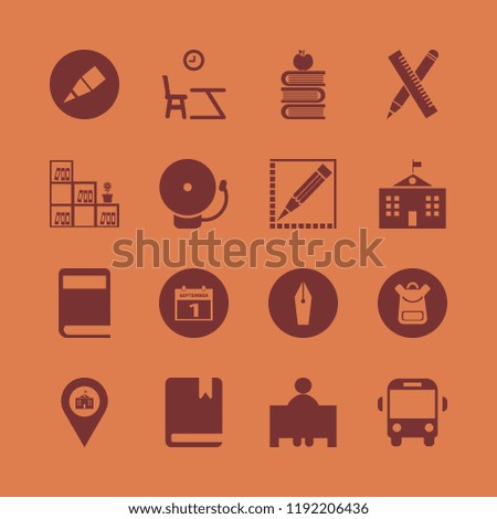 school icon. school vector icons set school bus, books and apple, ruler and pencil and fountain pen