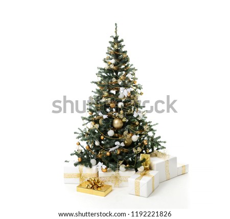 Christmas tree decorated with gold patchwork ornament artificial star hearts presents for new year 2019 isolated on white background