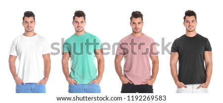 Set with young man in different blank colorful t-shirts on white background, front view. Mock up for design