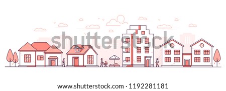 City life - modern thin line design style vector illustration on white background. Red colored high quality composition, landscape with facades of buildings, cottage houses, sandbox, people walking