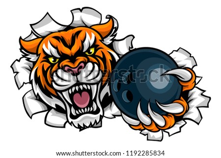 A tiger angry animal sports mascot holding a ten pin bowling ball and breaking through the background with its claws