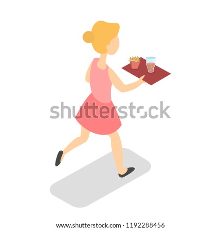 Girl have lunch or breakfast in the school cantine. Little child in pink dress walking with red tray with meal. Isolated vector isometric illustration