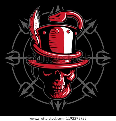 Skull with the cylinder hat, snake and tridents on background, vector logo.
