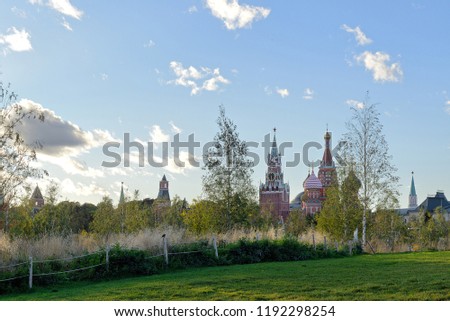 Field and trees with the Moscow Kremlin: Spasskaya tower and St. Basils Cathedralin the background. Moscow Kremlin, on a foreground green fields and birches. Moscow park Zaryadye