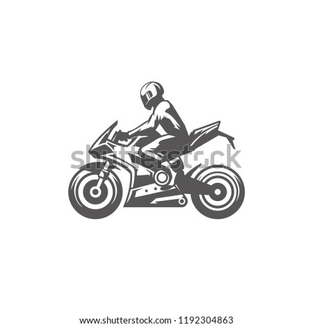 Sport motorcycle with rider silhouette isolated on white background vector illustration. Vector moto bike graphics illustration.