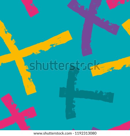 Vector seamless pattern. Abstract background with brush strokes. Colorful hand drawn print. Trendy texture with pluses or crosses, simbols of kisses. Trendy graphic design.
