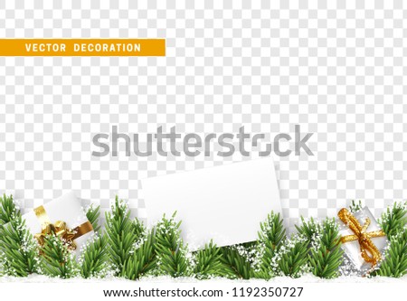 Christmas decorations. Xmas festive border with pine tree branches with realistic gifts boxs and white snow. Holiday vector isolated on transparent background. Paper frame for text