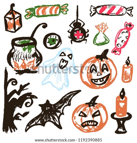 Halloween. A set of funny objects. Vector illustration. Collection of festive elements. Autumn holidays. Pumpkin, ghost, spider, candy, eye, cauldron, wood, bat, candle
