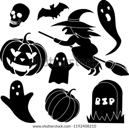 vector clip art art on the theme of Halloween. witch namelly, pumpkin, skull, headstone, bats. Vector. Halloween Print