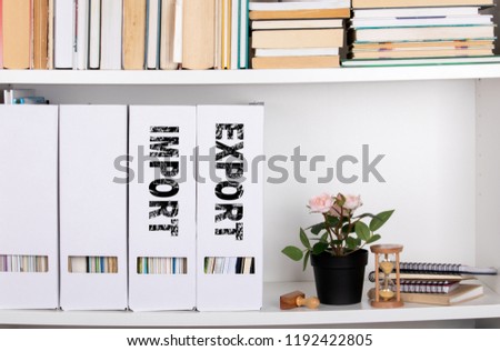 Import and Export concept. document folders and organizers, white book shelf